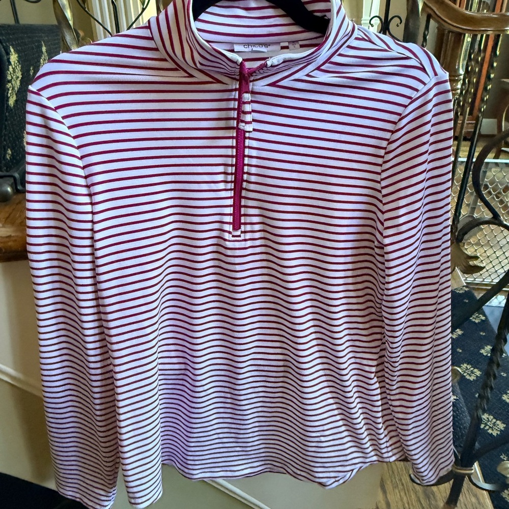 Chico’s Zenery Stretch material 3/4 zip long sleeve top. Size 0 EUC pink /White - Picture 3 of 11